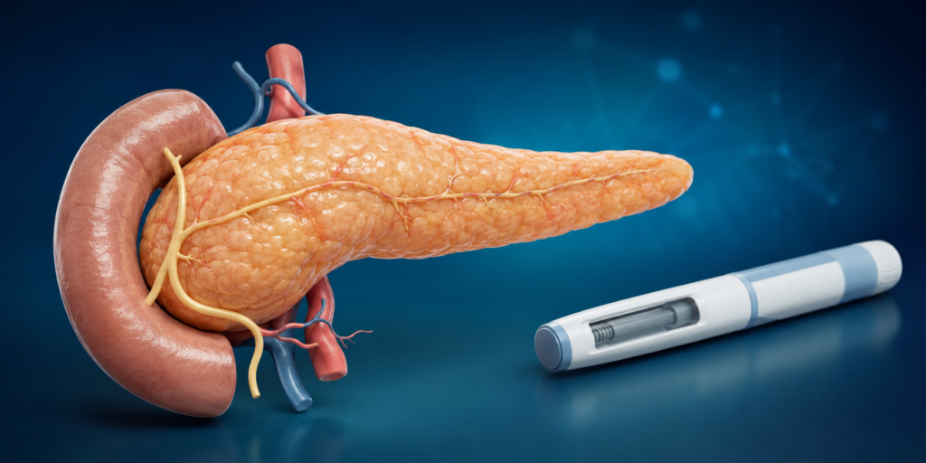 Ilustração médica do pâncreas ao lado de uma caneta para tratamento da obesidade