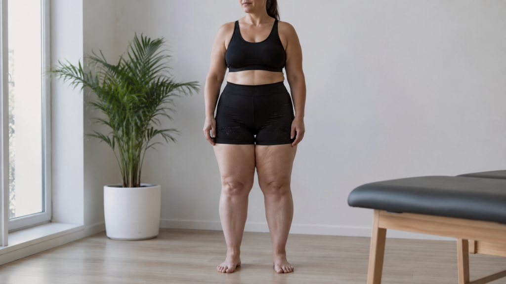 Mulher com lipedema representando a discussão sobre tirzepatida e tratamento do lipedema.
